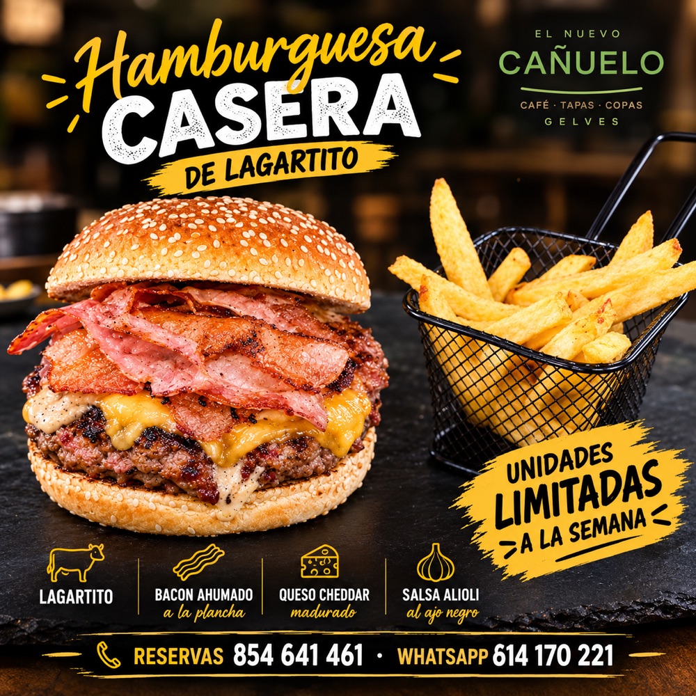 Hamburguesa casera de lagartito ib&eacute;rico con bacon ahumado, queso cheddar madurado y salsa alioli al ajo negro, servida con patatas fritas